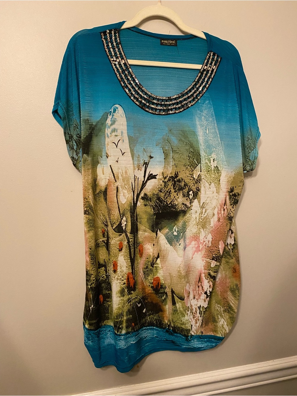 Paris Pink Teal Floral Scoop-Neck Short Sleeve Top with Beaded Collar